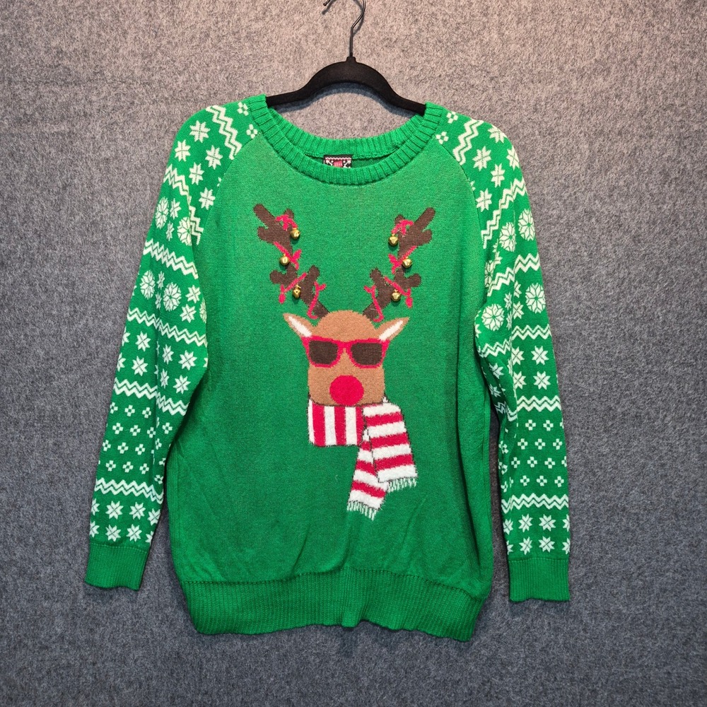 Well Worn L Ugly Christmas Sweater Nordic print bell accents funky fun reindeer
